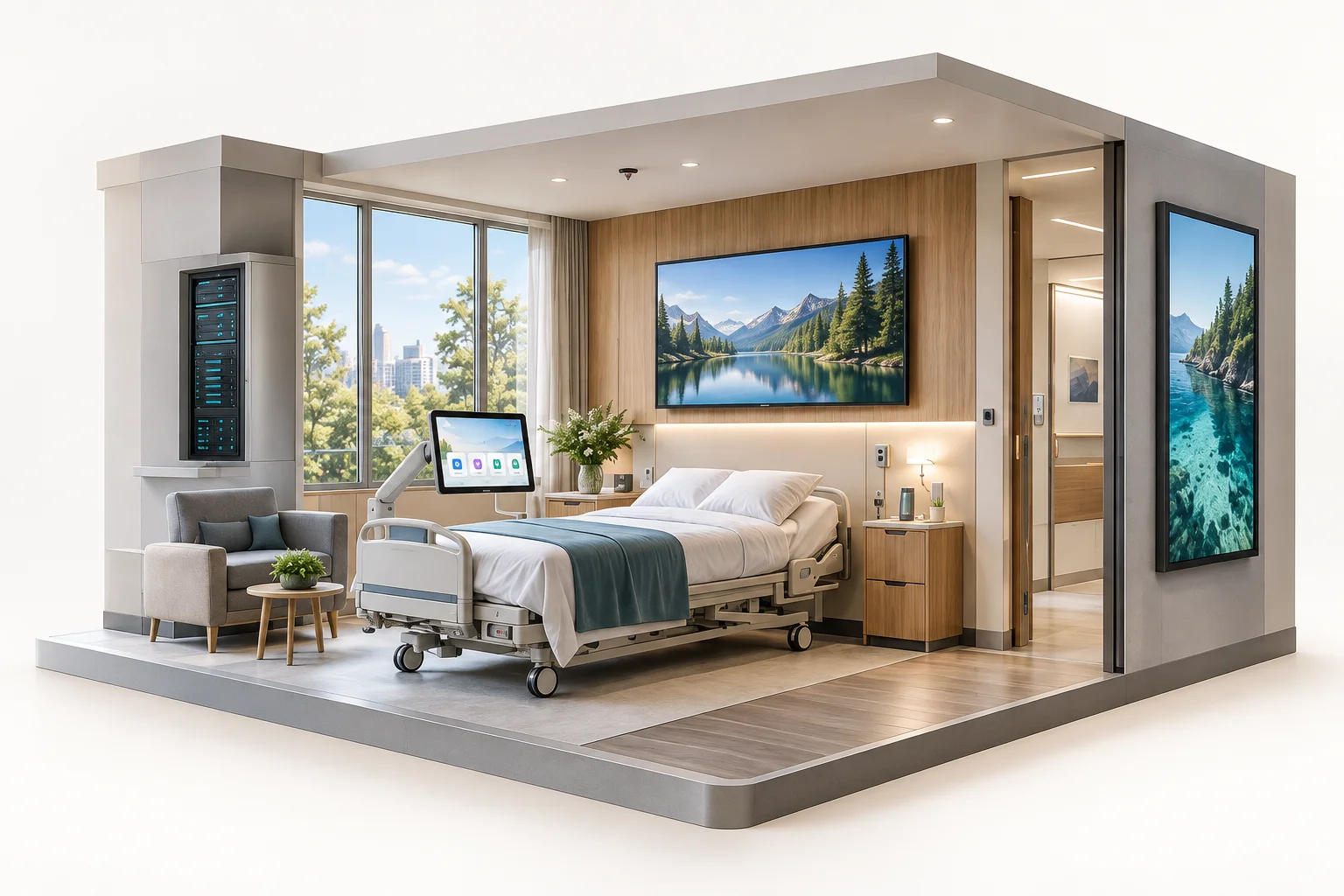 Illustrative modern hospital room with an articulated bedside touchscreen, wall-mounted television, equipment cabinet and digital signage.