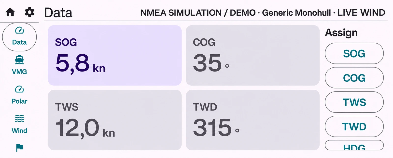 SailPilot navigation data from an NMEA simulation